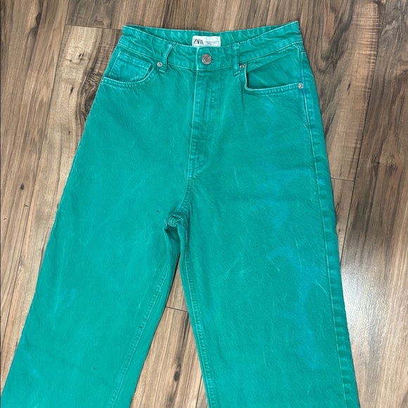 Zara Green Jeans Sz 4 Wide Leg Distressed Christmas Holiday Jean Denim Frayed - Picture 5 of 8